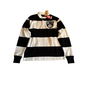 NWT - NETS- Rowing Blazers Black and White Striped Polo Shirt